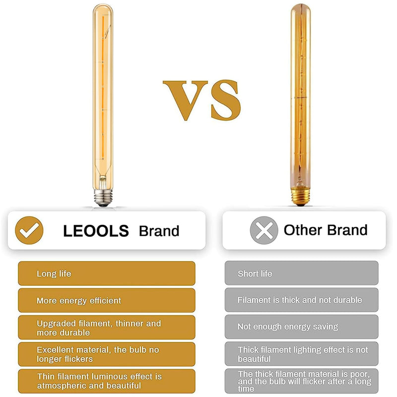 LEOOLS 4-Pack Vintage LED Filament Bulb T300 Dimmable Led Edison Light Bulb 6W(60W Equivalent) 11.8inch Long Tubular Vintage LED Light,Amber Glass,Warm White 2700K,E26 Medium Base 6w=60w 2700k 11.8in