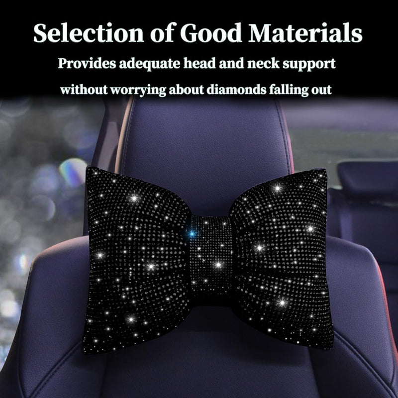 Car Headrest Pillow Bowknot Neck Support Pillow for Driver with Bow Tie Bling Diamond Head Neck Support Rhinestone Accessories for Girls and Women Black 2Pcs