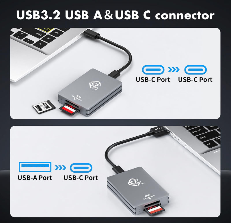 CFexpress Type A & SD Dual-Slot Card Reader, 10Gbps USB 3.2 Gen 2 Adapter | Comes with USB-C/USB-A Cables, aluminum heat-dissipating shell, plug & play, compatible with Windows, Mac, Linux & Android