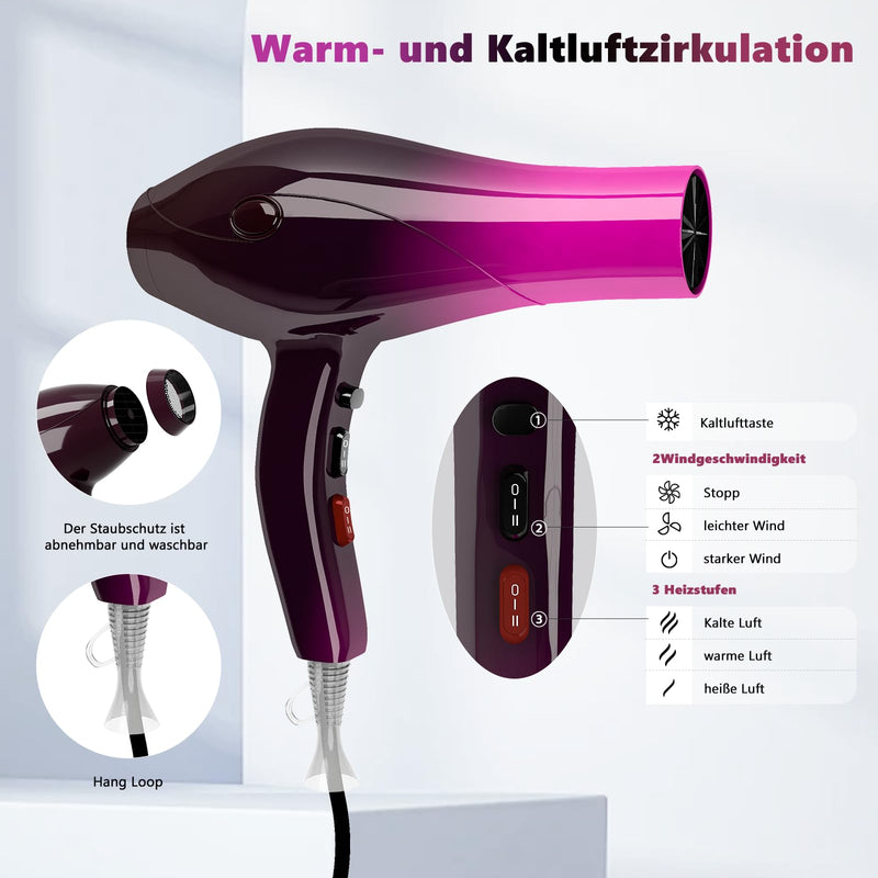 Hair Dryer, 3000W Professional Ionic Hairdryers with Diffuser for Women Men Kids, Powerful Blow Dryer with 3 Heat 2 Speed and Cool Button for Home Salon Use Red Gradient