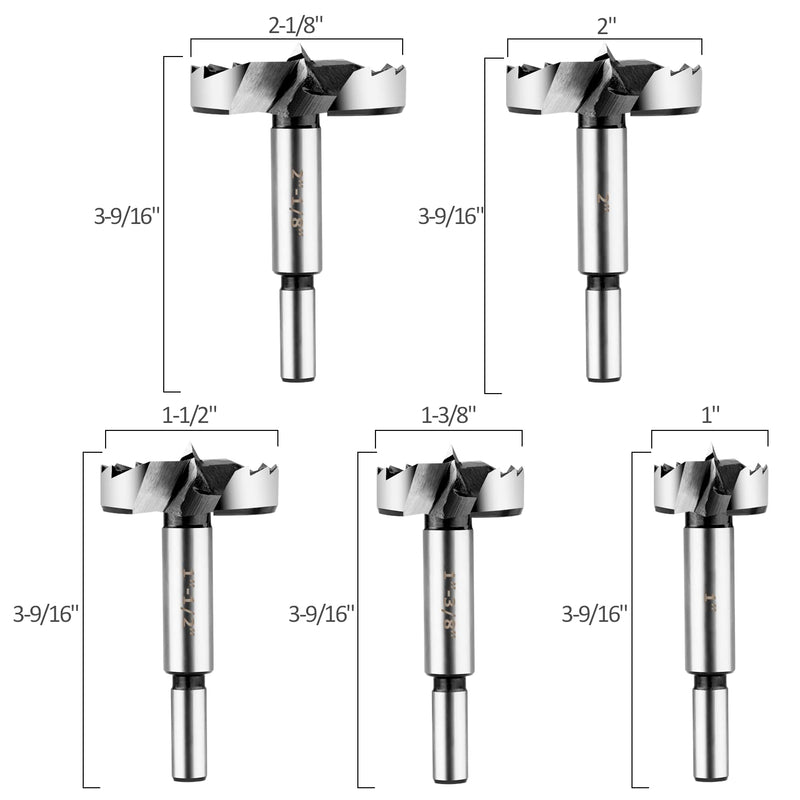 HPHOPE Forstner Bit Set 5Pcs - Forstner Bits for Wood, Wood Drilling with Round Shank, Drill Accessories, Size 1", 1-3/8", 1-1/2", 2", 2-1/8" with Storage Case 5 Pcs Set