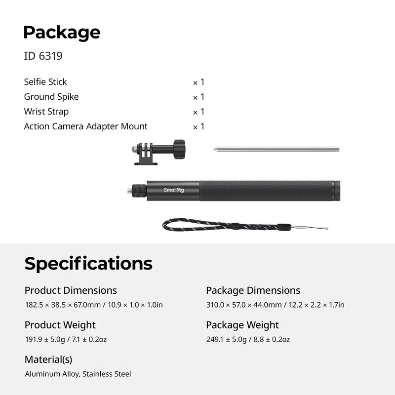 SmallRig Extendable 47in/3.9ft Invisible Selfie Stick for 360 Camera | Portable Stick Pole for Insta360 X5/X4/X3, for DJI OSMO 360, with 1/4"-20 Screw/Hole, Stake, Lanyard, Anti-Slip Handle - 6319