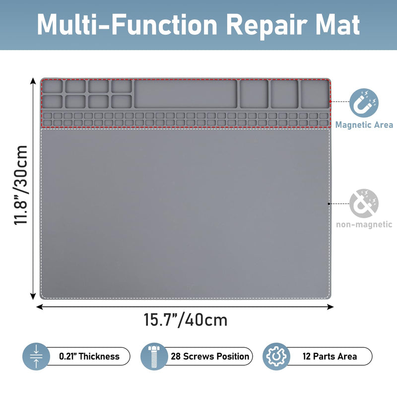 Heat Insulation Soldering Mat - Magnetic Silicone Work Mat, Silicone Soldering Mat for Soldering, Computer, Cell Phone, Watch Repair, BGA Soldering Gun Iron Workbench Protection (15.9''×11.9'') - Gray Grey-medium