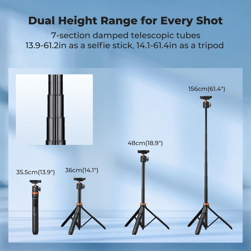 K&F CONCEPT Auto Open 62'' Selfie Stick Tripod with Remote for Vlog | 360° Ball Head Camera Tripod with 2-in-1 Phone Holder, Compatible with DJI Osmo Pocket 3 4 Insta360 Luna Ultra. MS34