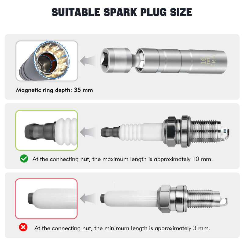 14mm&16mm Spark Plug Socket, 5/8 Spark Plug Socket Swivel for Maximum Flexibility, Thin Wall 12 Point Spark Plug Socket Set with Magnetic Design for Most Car Models
