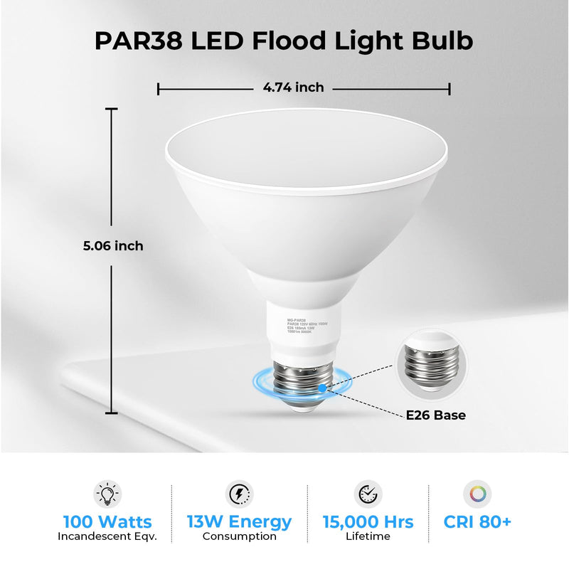 GvvooHome PAR38 LED Outdoor Flood Light Bulbs, 100W Equivalent, 5000K Daylight White, Dimmable Waterproof LED Floodlight for Porch Yard Garage, E26 Base 1050LM, 13W, 15,000 Hrs, 6 Pack