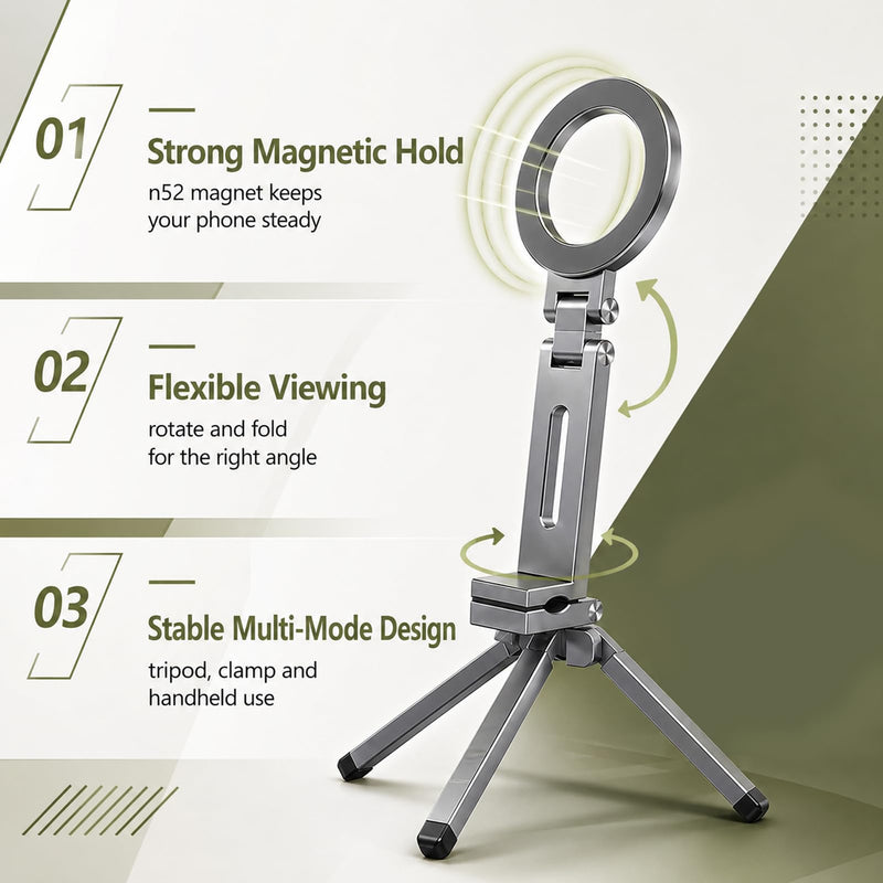 MagSafe Tripod 360 Foldable Aluminum | For MagSafe and Non MagSafe Phones, Portable Tripod with N52 Magnet, 38mm Clamp for Airplane Gym Desk, 2 Metal Rings
