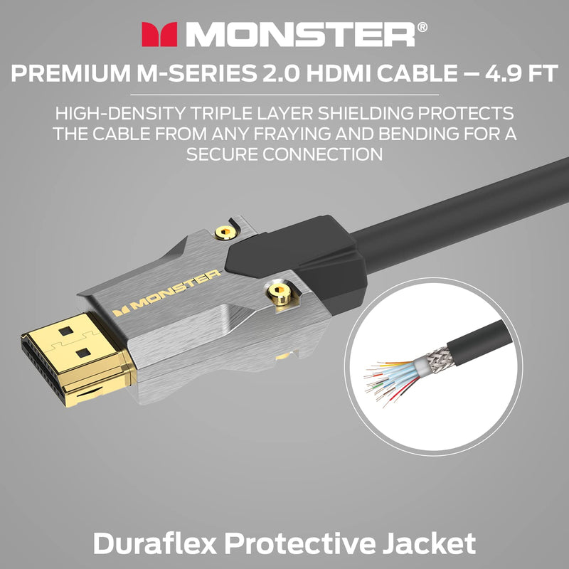 Monster M-Series Certified Premium HDMI Cable 2.0, High-Speed 22.5 Gbps, 4K UHD 60Hz, Triple-Layer Shielding, Duraflex Jacket, HDMI Cable for TV, Monitor, Gaming, PC, 4.9 ft
