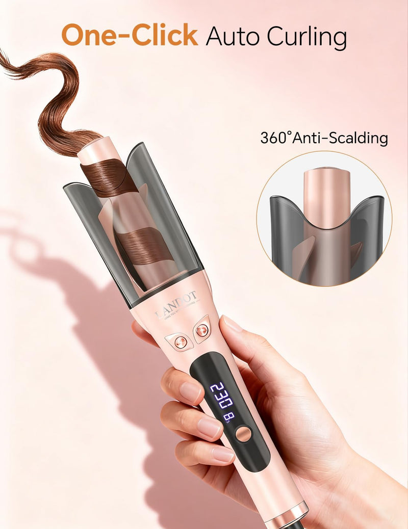 LANDOT Automatic Curling Iron, Self Rotating Hair Curler 25mm, Anti-Scald | Tangle-Free Curling Tongs, Salon Curls & Beach Waves, Fast 30s Heating, Ceramic Barrel, Dual Voltage, Travel & Daily Styling Gold