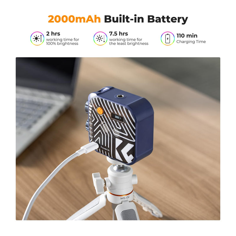 K&F CONCEPT RGB Video Light, 360° Full Color Portable Photography Light, LED Camera Light w 21 Light Effects, 2500K-9900K CRI 96+, 2000mAh Rechargeable Photography Lighting for Vlogging, Selfie, Blue