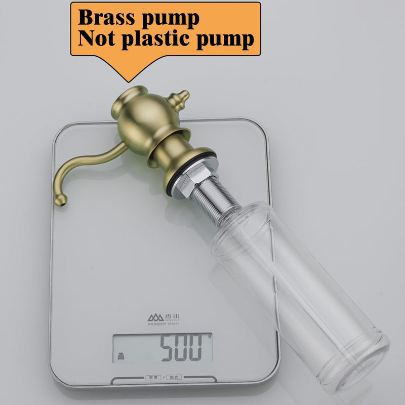 RANDOM Brushed Gold Soap Dispenser for Kitchen Sink,Built in Sink Soap Dispenser with Solid Brass Pump Head Soap Dispenser Extension Tube Kit and 11 Ounce Large PET Liquid Soap Bottle.RD84038BG