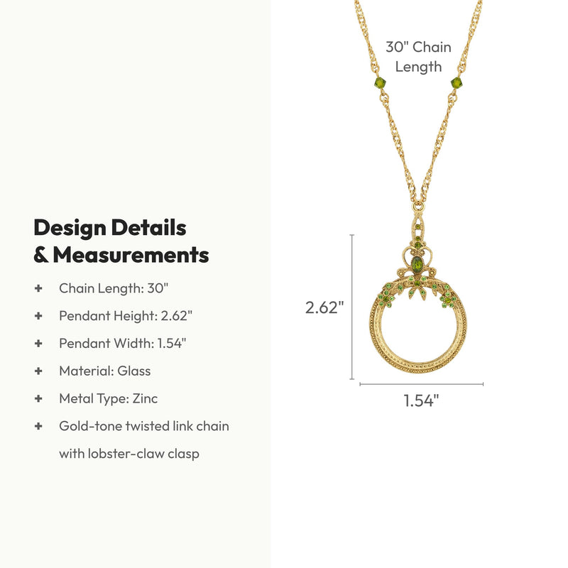1928 Jewelry Floral Crystal Magnifying Glass Necklace For Women 30" - Magnification Power: 2X, Multifunctional Magnifier Perfect For Reading Menus, Labels, Books, Magazines Green