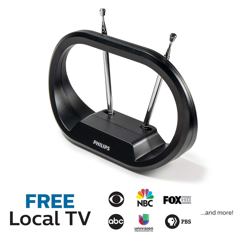Philips Indoor TV Antenna Rabbit Ears for Local Channels, 15 Inch Extendable Dipoles, 4K 1080P VHF UHF, Tabletop Antenna, Digital HDTV Antenna, Smart TV, 4ft Coaxial Cable, Black, SDV7114A/27 Rabbit Ears Indoor Antenna (Pack of 1)