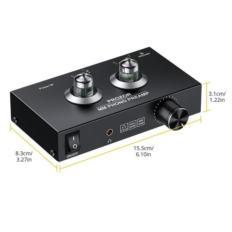 PROZOR Vacuum Tube Phono Preamp, JAN GE5654 Tube, for MM Turntable Phonograph & Record Player, Mini Headphone Amp for Home Audio Systems Stereo Amplifier, with 15V Power Adapter Black - Tube Phono Preamp