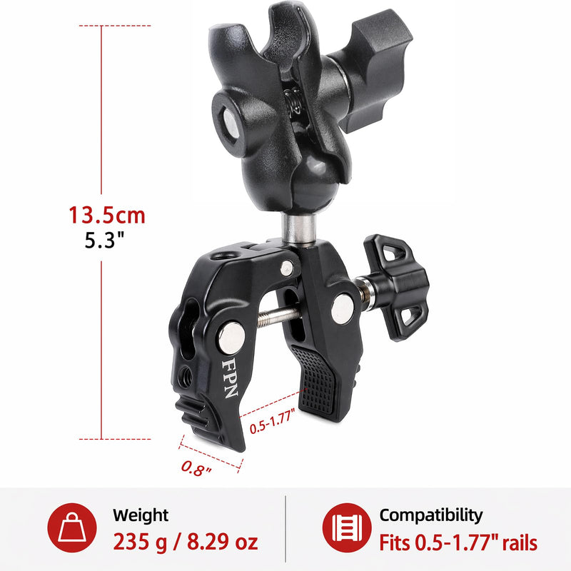 Aluminum 1" Ball Clamp Mount Base with Short Double Socket Arm, Fits Handlebar Rails 0.5 to 1.77" in Dia, Compatible with RAM Mounts and Motorcycle/Bike Phone Holder