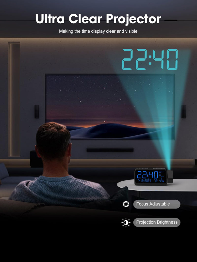 ROCAM Projection Alarm Clock for Bedroom Ceiling, Digital Clock with 180° Projector with 5-Level Dimmer, Dual Loud Alarm with Weekend/Weekday Mode, Date, Temp, Humidity, Night Light, DST, Snooze Blue