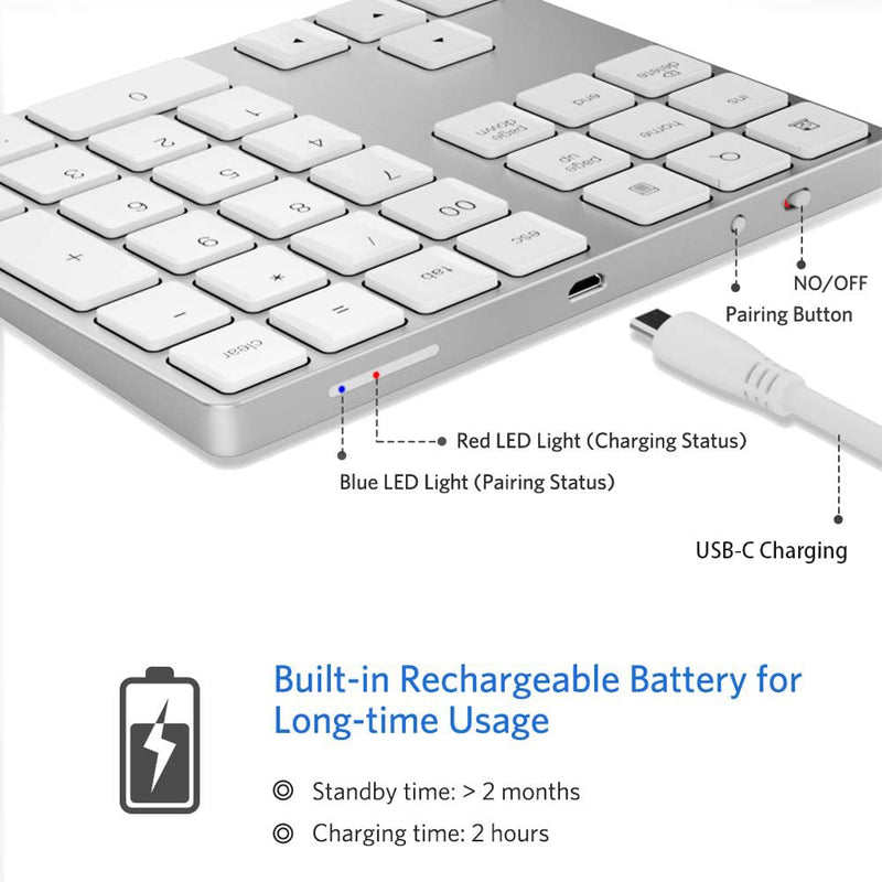 Bluetooth Number Pad, Wireless Numeric Keypad, USB-C Rechargeable External 34-Keys Numpad, Financial Data Entry Keyboard for iMac, MacBook Air/Pro, PC Desktop, Laptop Notebook(Silver) A-White