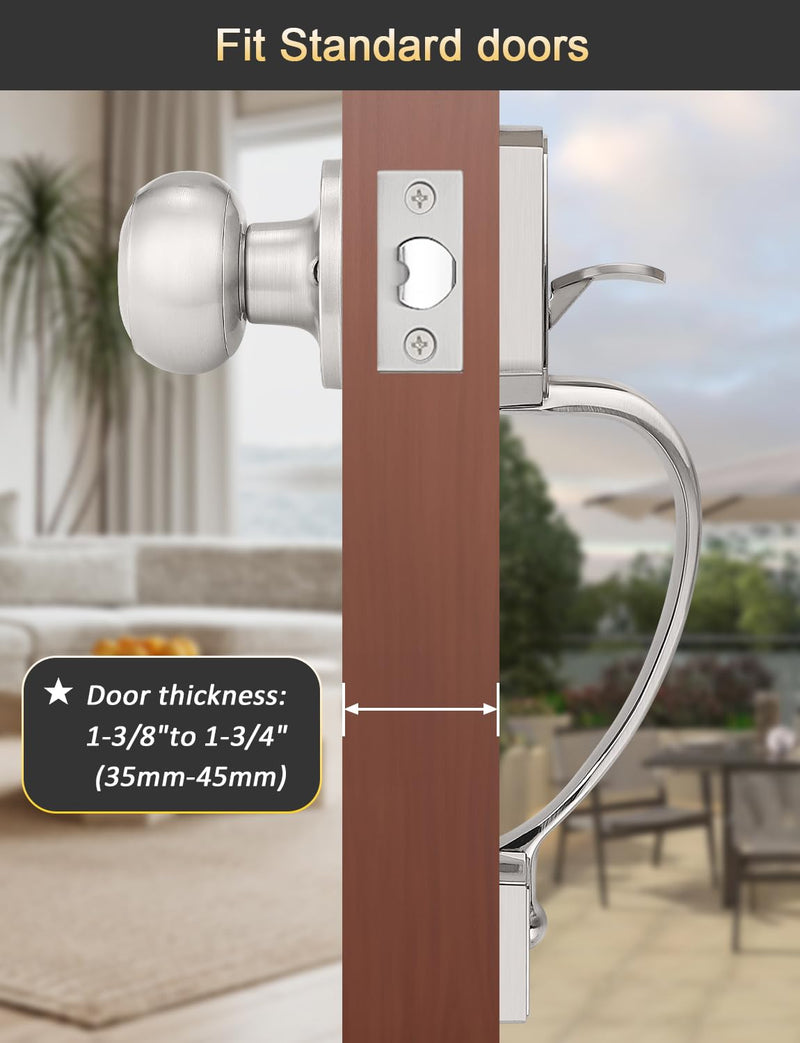 Tinewa Camelot Trim Lower Half Handleset, Upgated Entry Door Handle with Round Door Knob for Electronic Keypad, Brushed Nickel Finish Door Handle Lock Set 1 Pack Satin Nickel