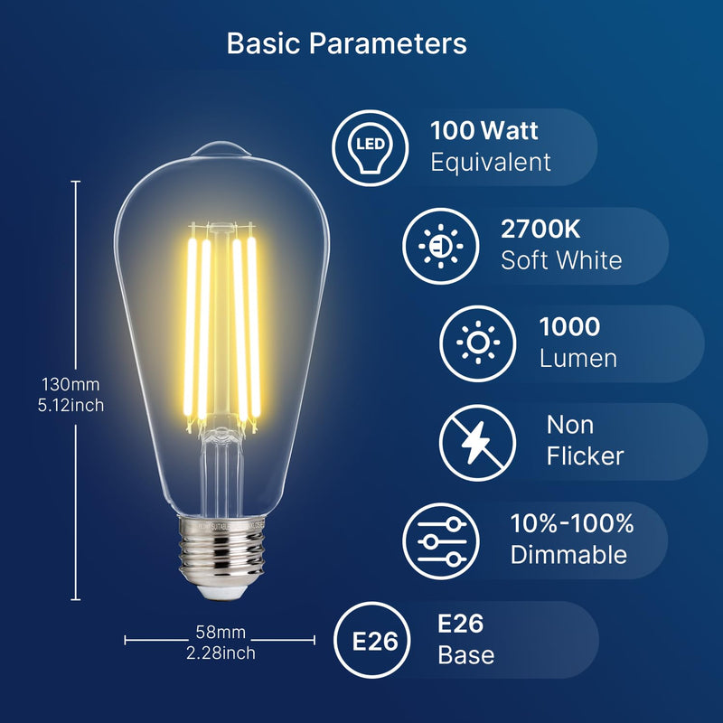 FLSNT 100W Equivalent LED Edison Bulbs, ST19/ST58 Dimmable LED Light Bulbs for Dining Room, Kitchen, High Brightness with 1000LM, 2700K Soft White, 8W, E26 Base, 6 Pack 100w 2700k Soft White 6 Count (Pack of 1)