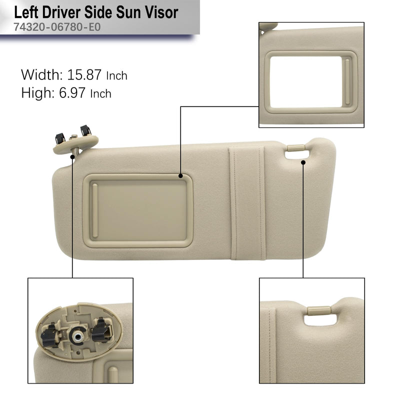 Driver Left Side Sun Visor Without Light Compatible with Toyota Camry 2007 2008 2009 2010 2011 Replacement Number 74320-06780-E0 Colour Beige Beige(Left Driver)