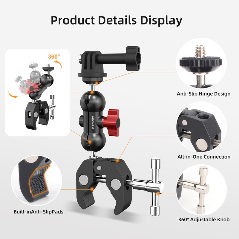 Super Clamp Mount Kit with 360° Ballhead Magic Arm – Universal Camera Mount with 1/4"-20 Screws for DSLR Camera,Led Lights,Action Cameras,and More