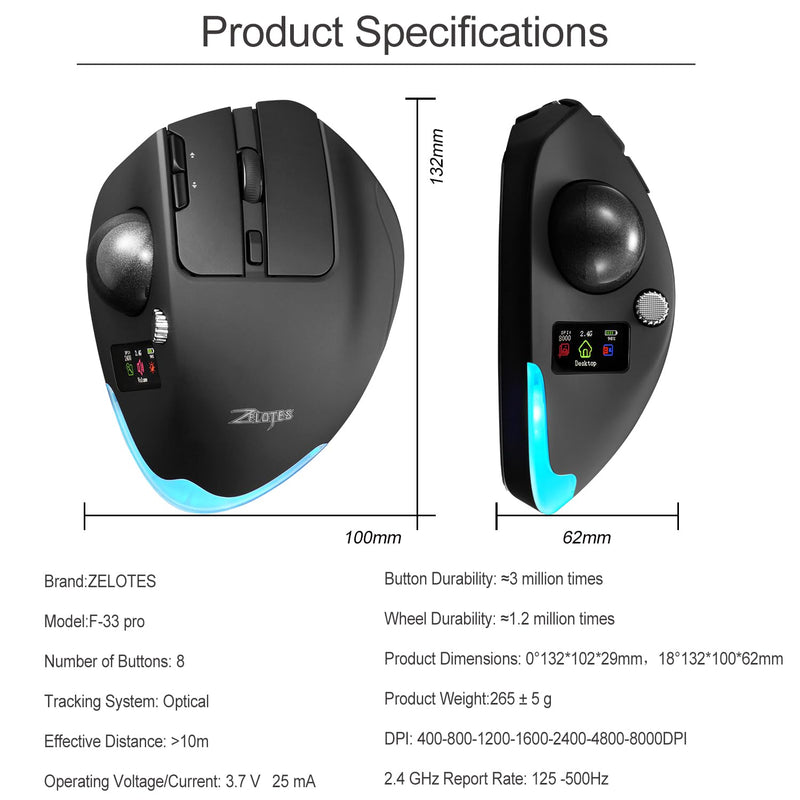 zelotes Wireless Trackball Mouse with Display,Ergonomic Bluetooth Mouse,Rechargeable,4800 DPI, 3-in-1(BT +2.4GHz USB Receiver+Type-C), 8 Programmable Buttons,LED Lighting,for Laptop, PC, Pad,Black
