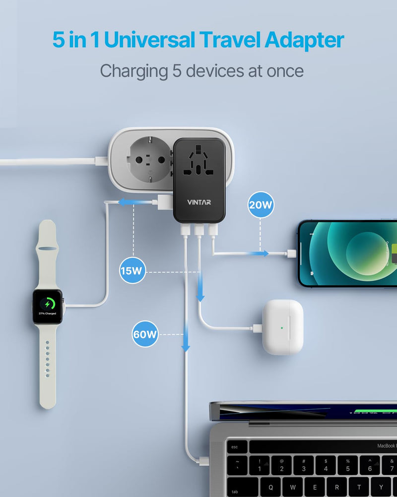 Universal Travel Adapter, VINTAR 100W GaN International Power Adapter with 3 USB C PD and 1 USB A QC, All in One Plug Adapter, Travel Adapter Worldwide for EU/UK/USA/AUS(Type C/G/A/I) 100W-Black