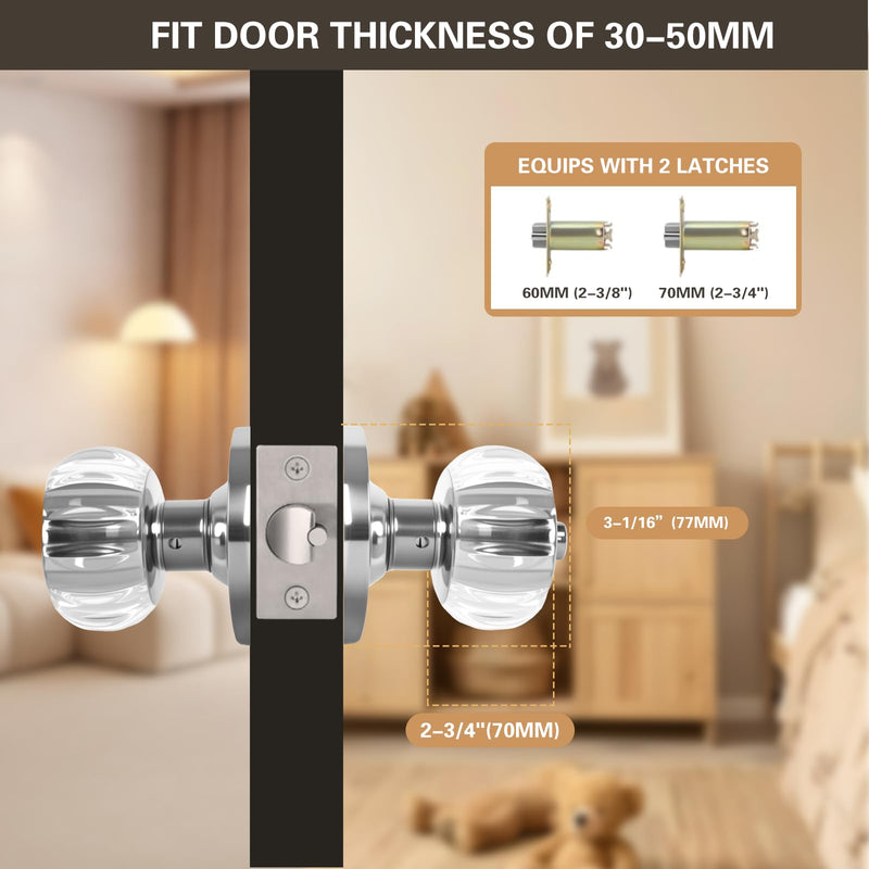 Crystal Door Knobs with Lock and Keys, Keyed Entry Glass Door Knobs, Exterior and Interior Door Lock with Keys, Clear Diamond Door Knob for Bedroom Bathroom, Stain Nickel, 1 Pack