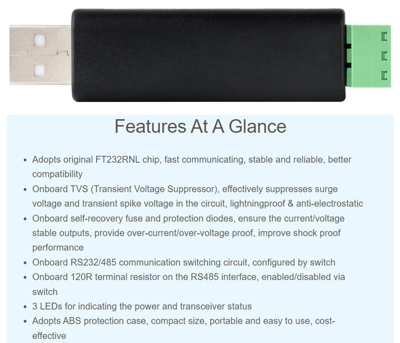 USB to RS485 or RS232 Serial Converter Adapter, Onboard Original FT232RNL Chip, built-in self-recovering fuse, TVS protection circuit, etc. Compatible with Mac, Linux, Android, Win11/10/ 8.1/8/7 USB TO RS485 or to RS232