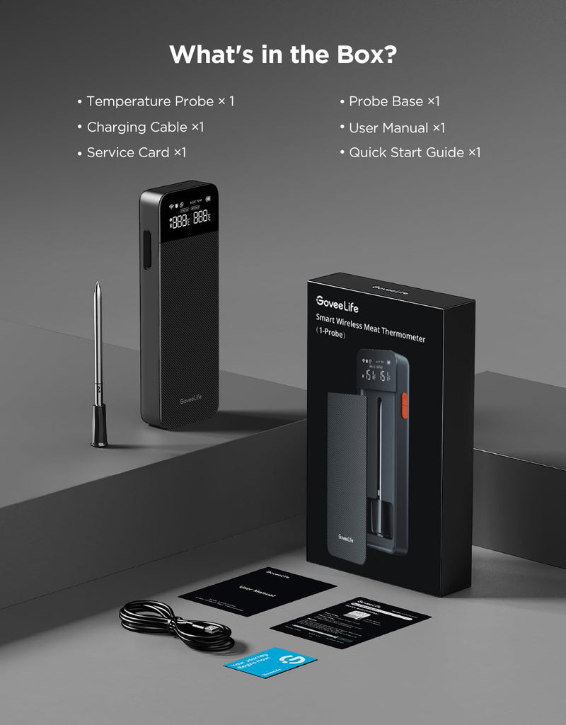  [AUSTRALIA] - GoveeLife Bluetooth Wireless Meat Thermometer with Digital Standalone LCD Base, WiFi Unlimited Range, ±1.8℉ Accuracy, Food Grade Internal Ambient Sensor Probes for Kitchen, BBQ, Grill, Oven, Smoker 1 Probe