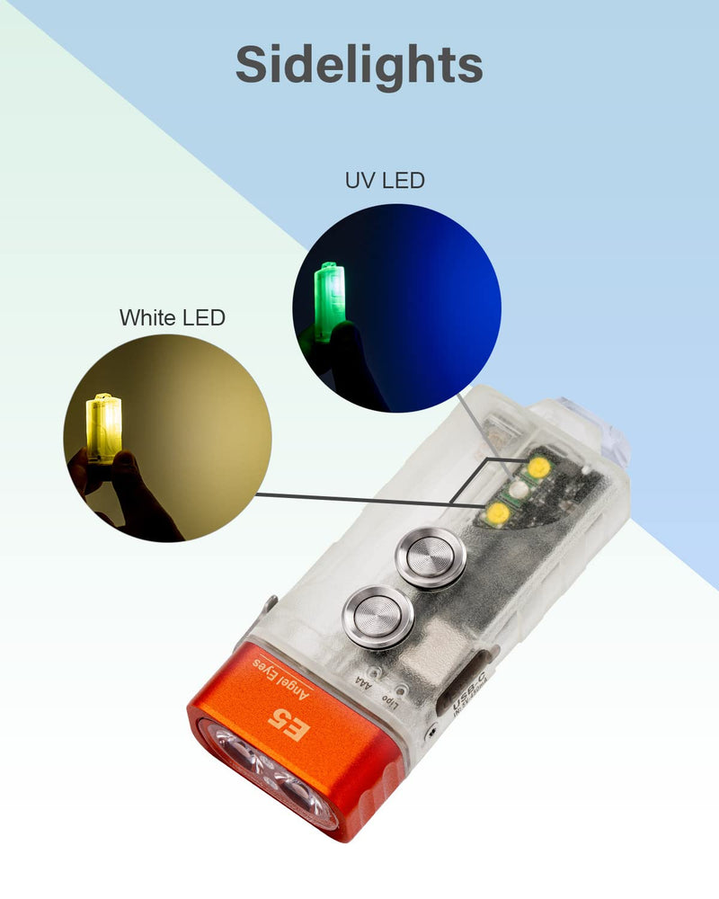 RovyVon Angel Eyes E5 GITD Keychain Flashlight, EDC Flashlight with 700 Lumens Primary Light and Practical Auxiliary Lights, Powered by AAA Battery or Built-in Battery E5(Sidelight: White+UV+White)