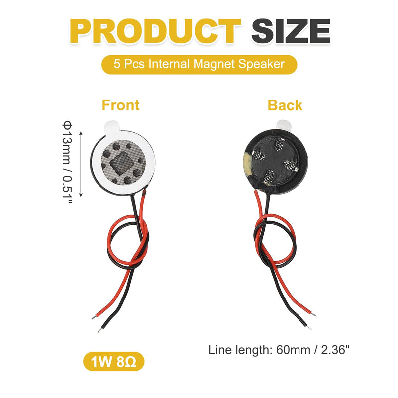 10pcs Internal Magnet Speaker (13mm / 0.5" Dia) - 1W 8 Ohm Round Internal Micro Magnet Loudspeaker with 60mm Terminal Wire for DVD EVD Mobile Portable Advertising Machine, Black 0.5" + 60mm Terminal 10