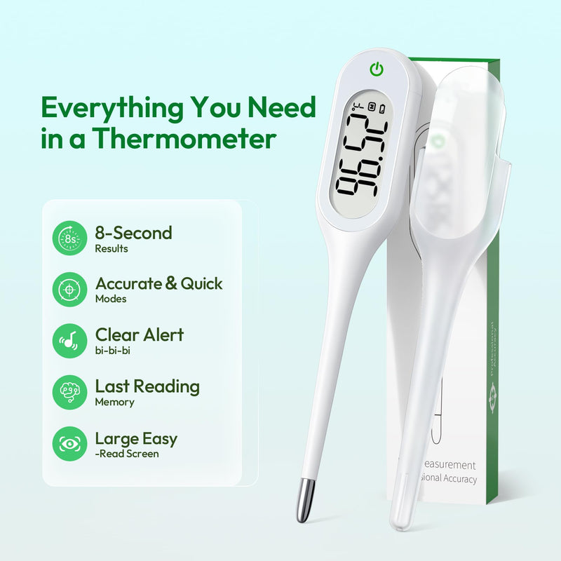8 Seconds Thermometer for Adults & Kids, Accurate & Safe Baby Thermometer with Fever Alarm and Memory Recall, Oral, Rectal or Underarm Use (White) white