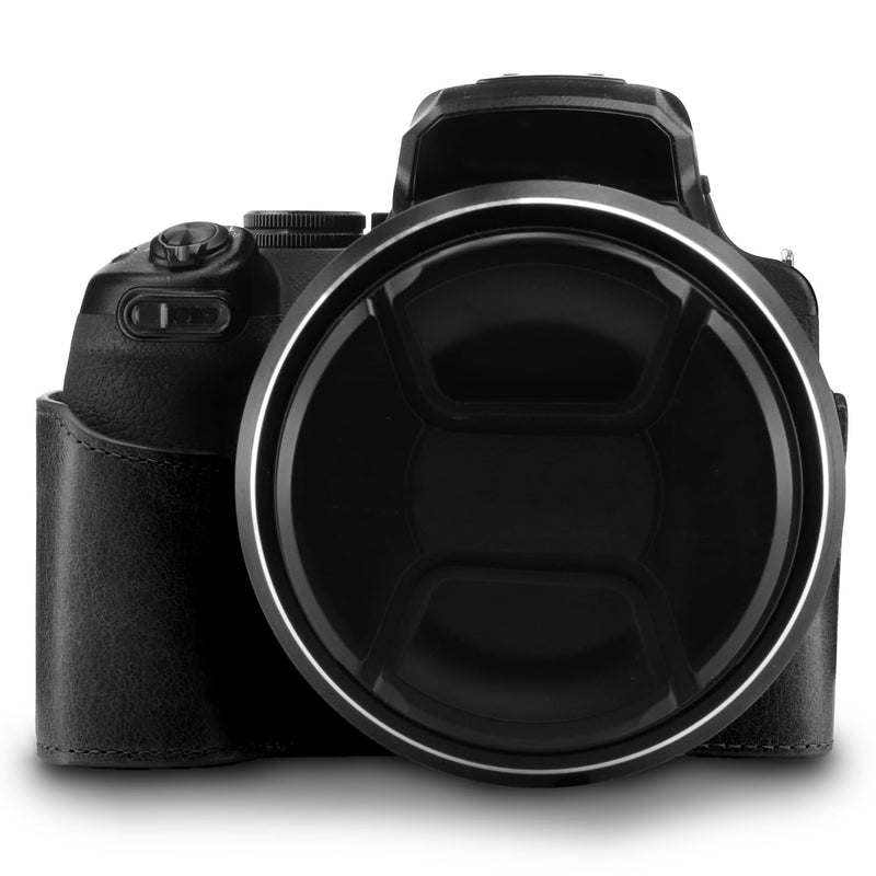 MegaGear Genuine Leather Half Camera Case Compatible with Nikon Coolpix P1100 Black