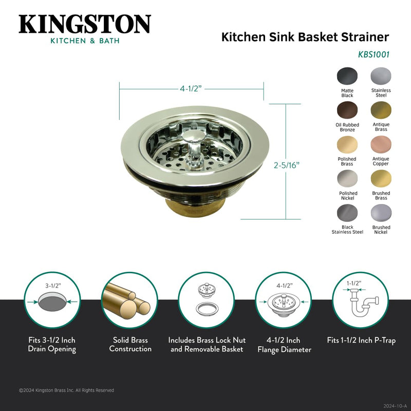 Kingston Brass KBS1001 Kitchen Sink Basket Strainer, Polished Chrome