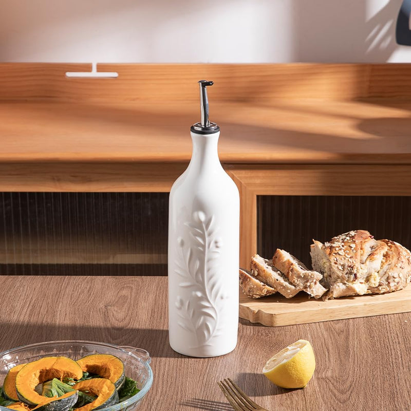 Sweejar Large Olive Oil Dispenser Bottle with Spout, 24 Oz Ceramic Oil Dispenser for Kitchen, Relief Opaque Oil Cruet, Oil Container for Cooking, EVOO, Avocado Oil, Vinegar, Pack of 1 (White) White Patterned styles
