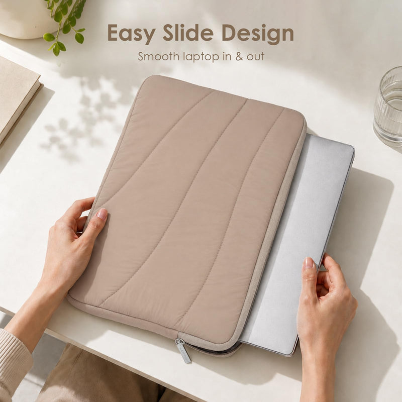 LENTION 14in Cloud Puffy Laptop Sleeve Water-Resistant Shock-Absorbing Case | Velvet Inner Lining, Slim Portable Design, Minimalist Camel Compatible with 13-14 Inch Laptops for Daily Commute Travel