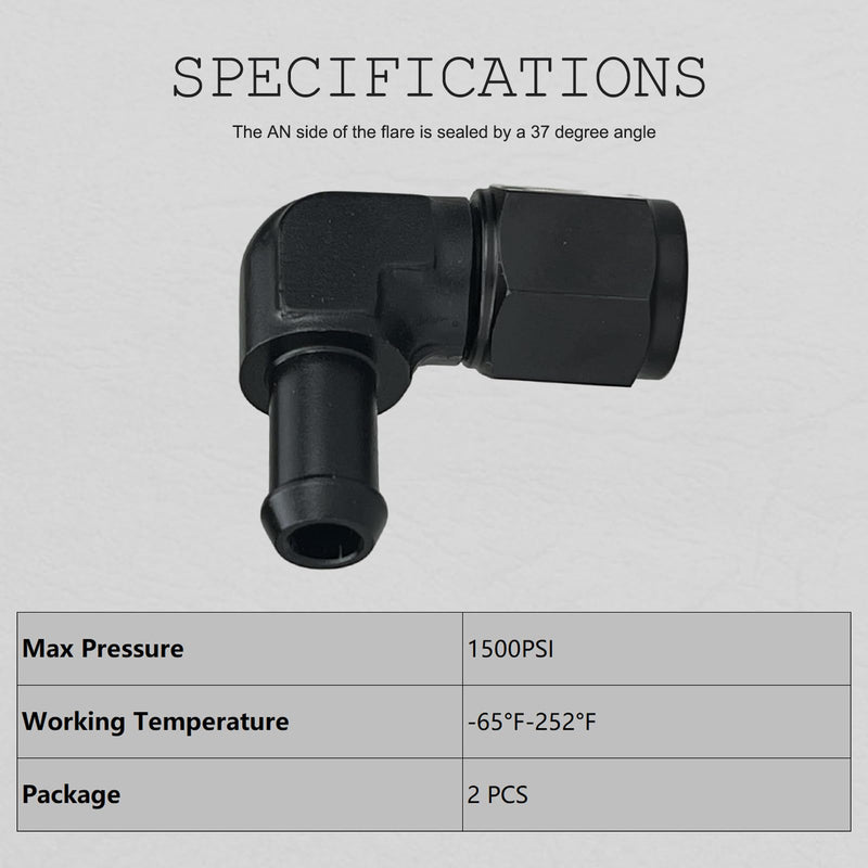 8AN Female to 3/8 Barb 90 Degree Hose Fitting Adapter Swivel Aluminum Black, Pack of 2 8AN to 3/8"