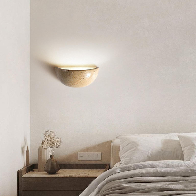 Wabi Sabi Art Lighting Fixture, Modern Marble Semi Circle Yellow Travertine Wall Sconce, Japanese Style Natural Stone Lampshade Bedside Wall Light for Bedroom Kitchen Foyer Entryway Stairs