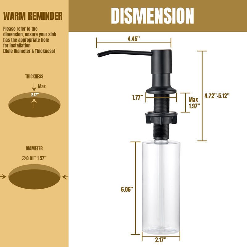 Soap Dispenser for Kitchen Sink, Matte Black Stainless Steel Built in Soap Dispensers, Countertop Kitchen Sink Soap Dispenser Pump Head for Bathroom with 11 OZ Large PET Transparent Bottle