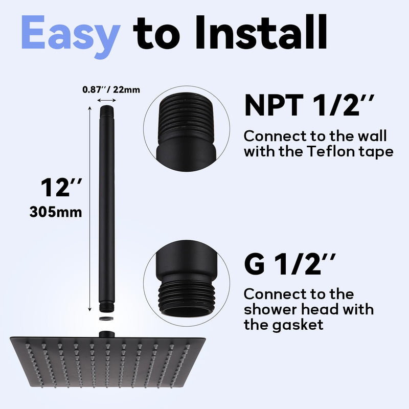 12 Inch Ceiling Mounted Shower Arm with Large Flange, Matte Black, Made of 304 Stainless Steel, Straight Shower Arm for Morden Bathroom 12 Inch