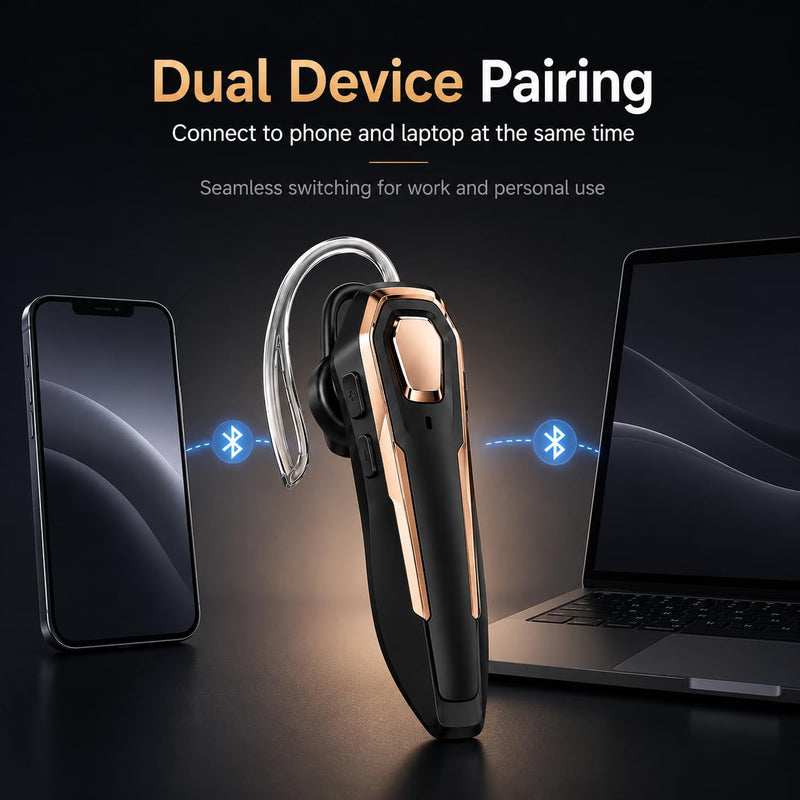 Gold Bluetooth Headset Single Ear Wireless Earpiece, 30H Talk Time, Dual MEMS Mics, Call Noise Reduction, Mute Button, USB-C, Voice Assistant, for Office Driving Cell Phones