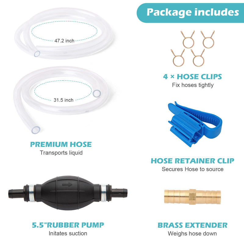 Gas Siphon Hose Pump, Manual Hand Water pump, Gasoline Transfer Pump for water Gas Oil Petrol Diesel, Fuel Siphon Pump with 2 Durable PVC Syphon Hoses, HH016