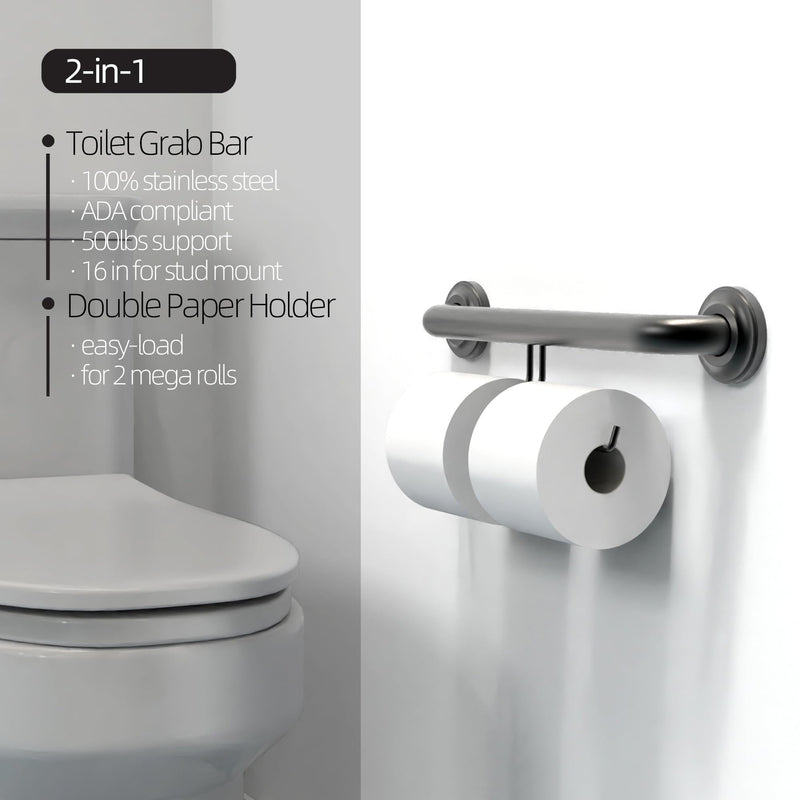 ADA Compliant Grab Bar with Toilet Paper Holder (2 Mega Rolls), 500lbs Weight Support, 1-1/4 x 16 inch for Stud Mount, Matte Black