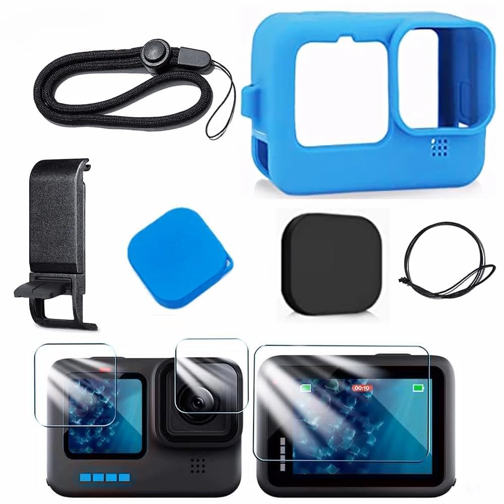 Silicone Case for GoPro Hero 12 11 10 9 Black Tempered Glass Screen Protector Protective Film Lens Cap Cover for Go Pro 12 case (Blue) Blue