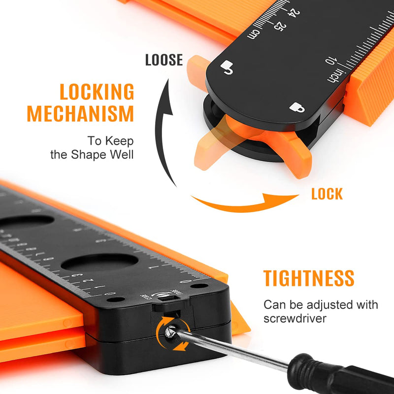 DODOWIN 10+5 Inch Contour Gauge with Lock, Dual Size Profile Duplicator Tool for Flooring, Tile, Woodworking & Irregular Shapes, Shape Outline Gauge, Father’s Day Gifts for Dad Men Husband Orange-10+5 In.