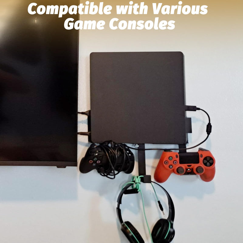 PS4 Slim Metal Wall Mount Bracket for Behind TV | Space Saving Design, Detachable Holders for 2 Controllers & Headphones, Mount Near or Behind Television