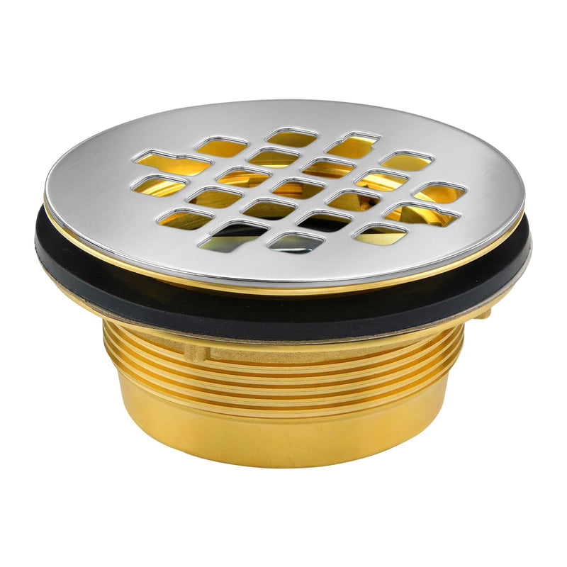 Solid Brass No-Caulk Compression Shower Stall Flange for 2" Drain Pipe with 4-1/4" Chrome Polished Stainless Steel Strainer