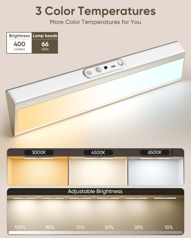 Motion Sensor Closet Lights with Eye Protection Design 400 Lumen Pantry Light Under Cabinet Wireless Lights with Remote Control,3 Color Temp,Rechargeable Night Light for Wardrobe,Cabinet,Kitchen,Shelf Silver 3 Pack