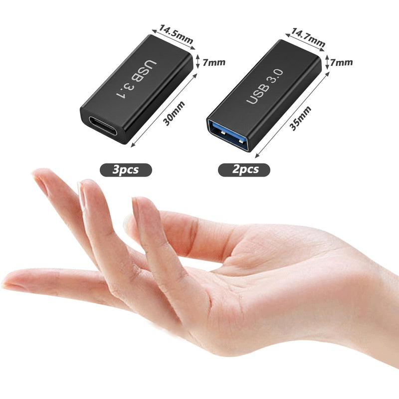 USB 3.0 Female to Female Adapter 2 Pack and USB-A to USB-C Adapter 3 Pack 10Gbps USB 3.1 Bi-Directional USB Extension Connector for Data Sync and Fast Charging
